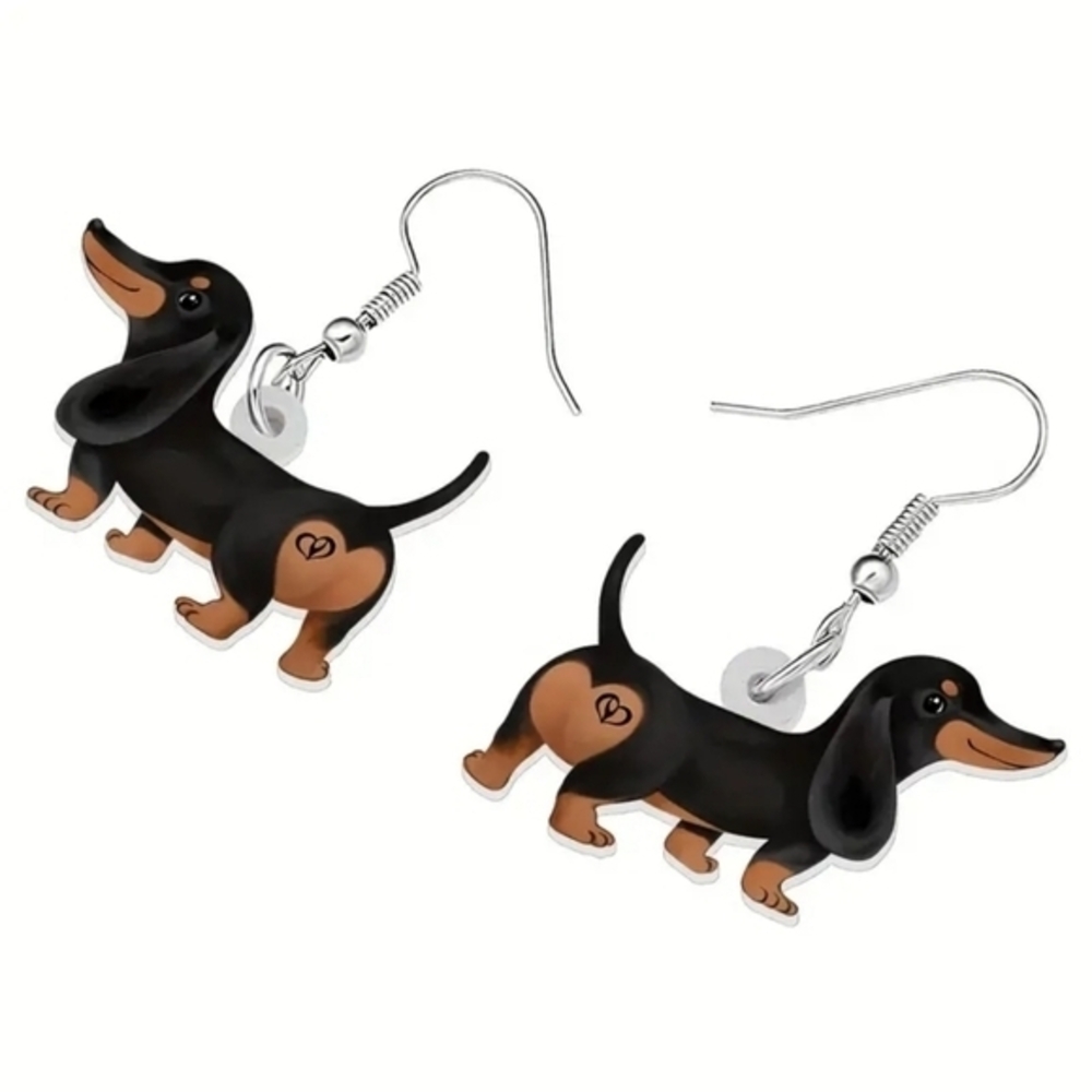 Dachshund Dog Black and Brown Double-Sided Dangle Acrylic Earrings